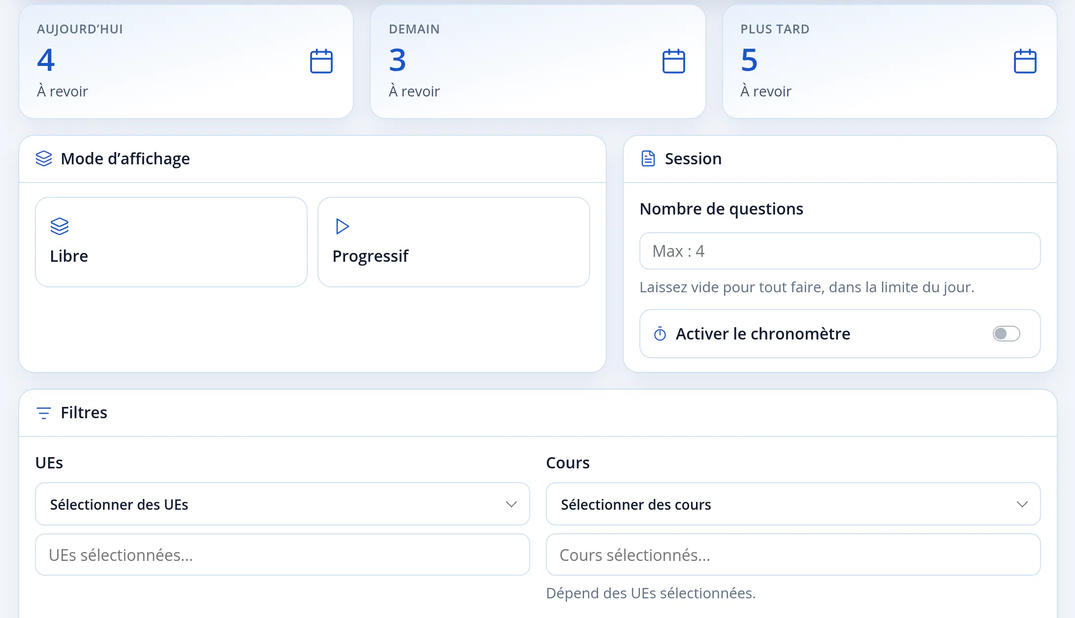 Écran Ancrage : 4 questions à revoir aujourd’hui, 3 demain et 5 plus tard, avec le choix du mode Libre ou Progressif, le nombre de questions, le chronomètre et les filtres par UE et par cours.