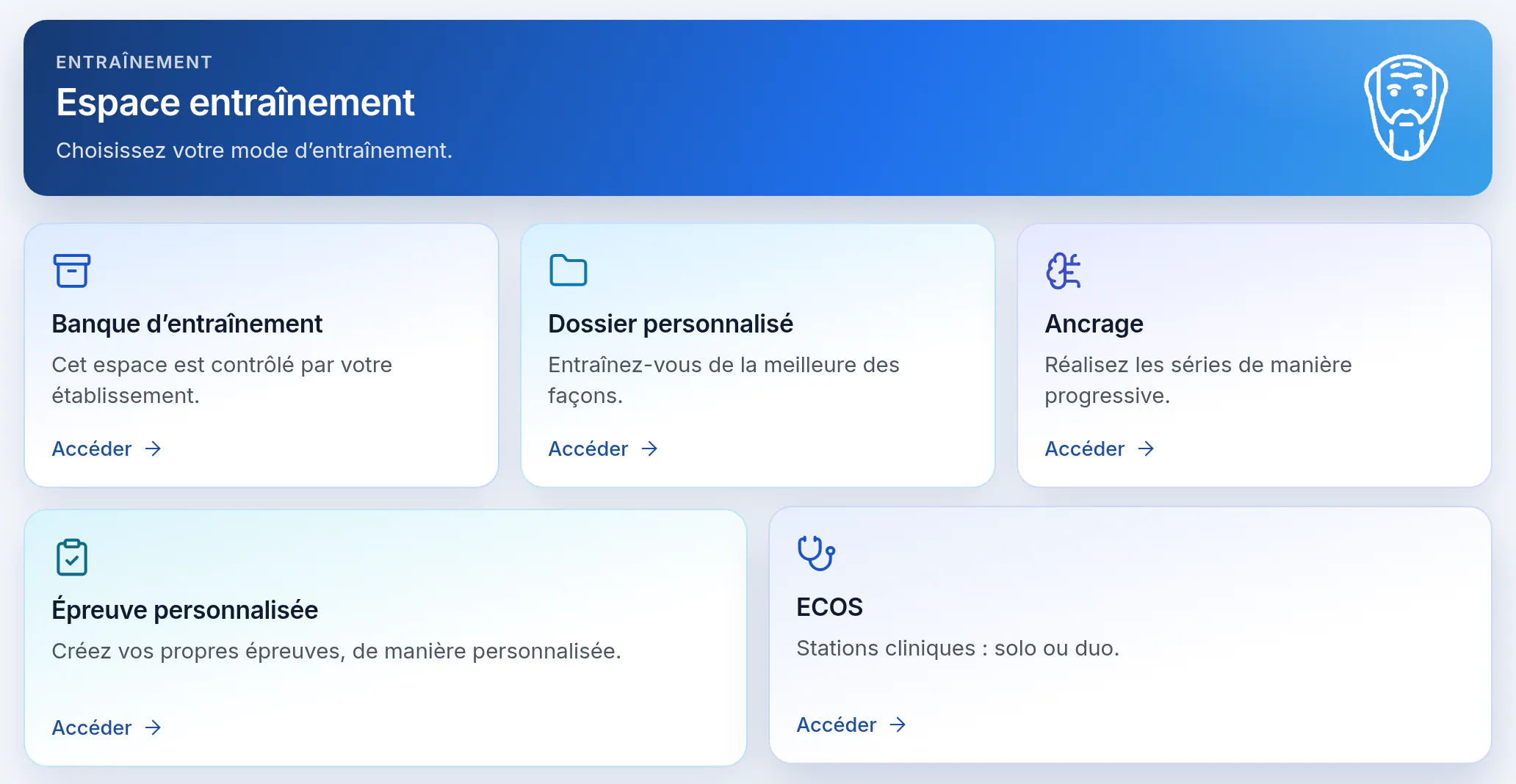Espace entraînement de PRIMEDIS : cinq cartes mènent à la Banque d’entraînement, au Dossier personnalisé, à l’Ancrage, à l’Épreuve personnalisée et aux ECOS.