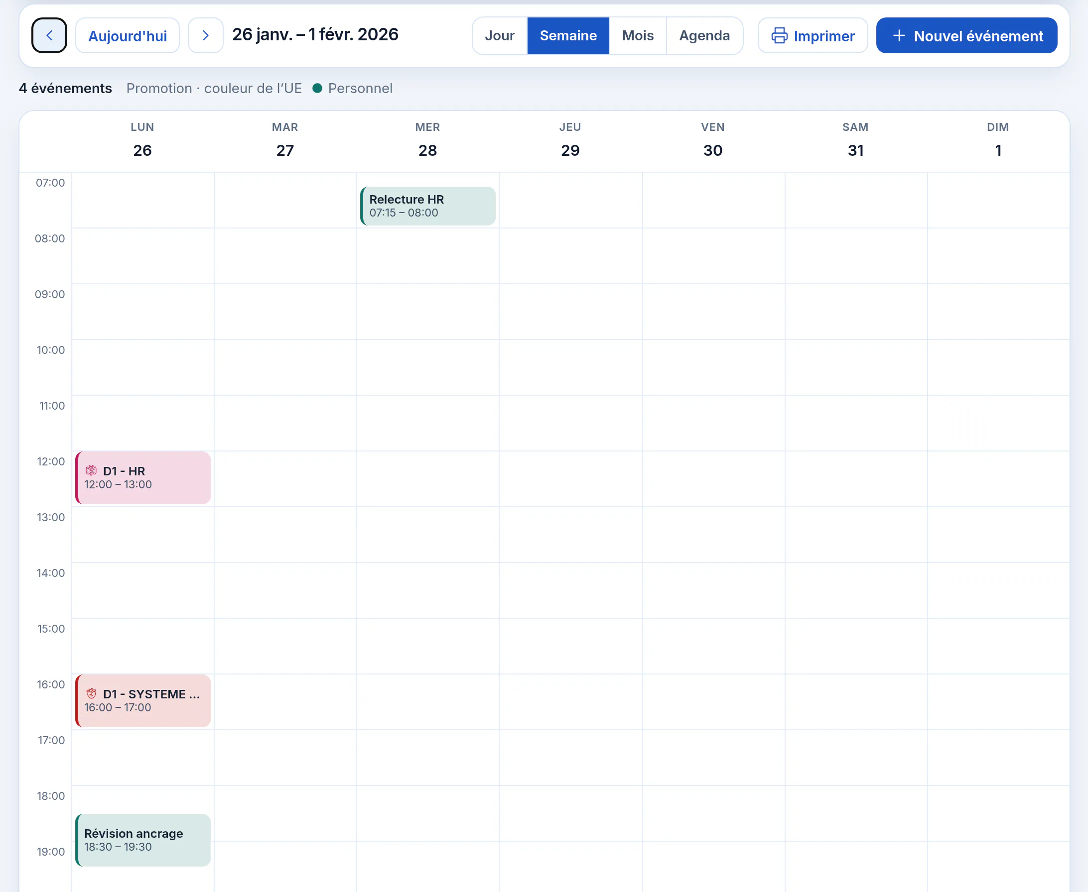Planning de la semaine du 26 janvier : deux cours de la promotion le lundi, aux couleurs de leur UE, et deux événements personnels, une relecture le mercredi matin et une révision Ancrage le lundi soir.